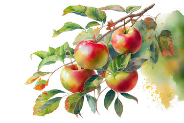 Ripe juicy apples on a branch with green leaves, watercolor drawing on a white background. Generative AI.
