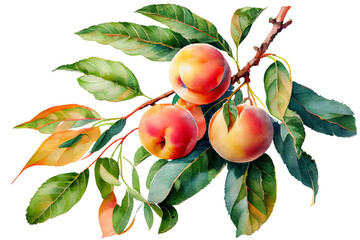Ripe juicy peaches on a branch with green leaves, watercolor drawing on a white background. Generative AI.