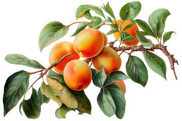 Ripe sweet apricots on a branch with green leaves, watercolor drawing on a white background. Generative AI. - obrazy, fototapety, plakaty
