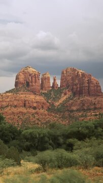 Vertical Video Sedona Cathedral Rock with Storm Zoom In 