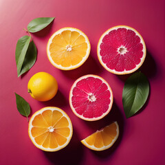 Naklejka na ściany i meble Oranges on red background. Citrus summer background. Generative Ai