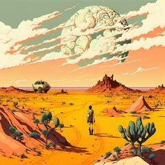 Hiker an Alien Desert Planet with a Swirling Moon and Off-road Vehicle. [Science Fiction Landscape. Graphic Novel, Video Game, Anime, Manga, or Comic Illustration.] 