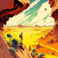 Hiker Standing on an Overlook on an Alien Desert Planet with Many Moons. [Science Fiction Landscape. Graphic Novel, Video Game, Anime, Manga, or Comic Illustration.]