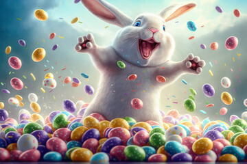 Plakat Happy Easter bunny with many colorful easter eggs. Generative AI.