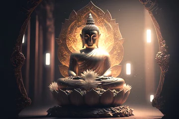 Foto op Plexiglas The nature of buddhas and bodhisattvas, sitting on beautiful spectral light golden lotus. Generative AI © Tamara