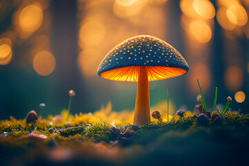 Mushroom in a forest on sunrise with bokeh effect with ai generative technology