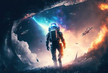 illustration of an astronaut in space battlefield, idea for sci-fi and space punk background wallpaper	
 - obrazy, fototapety, plakaty