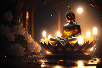The nature of buddhas and bodhisattvas, sitting on beautiful spectral light golden lotus. Generative AI