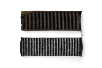 Clean and dirty cabin air filter for car isolated on white background.