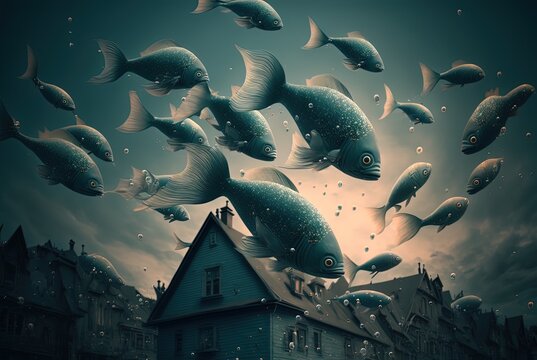 surreal illustration of a lot of fish fly in sky over the cabin house, Generative Ai