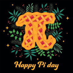 Happy Pi Day! Celebrate Pi Day. Mathematical constant. Pi Day Cherry Pie and leaves. Mathematical constant, irrational number, greek letter. Black background