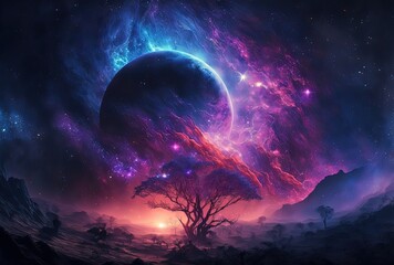 dreamlike gradient sky at night time, a big silhouette tree under starfield , idea for background wallpaper, Generative Ai	
