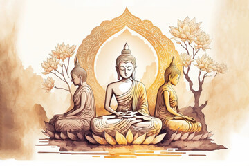 The nature of buddhas and bodhisattvas, sitting on beautiful spectral light golden lotus. Generative AI - obrazy, fototapety, plakaty