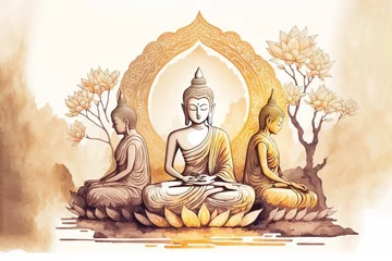  The nature of buddhas and bodhisattvas, sitting on beautiful spectral light golden lotus. Generative AI © Tamara