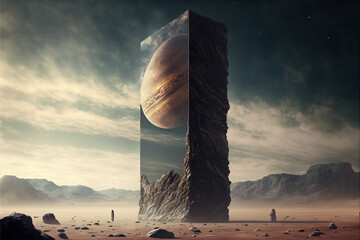 A huge monolithic stone standing on an uncharted planet AI