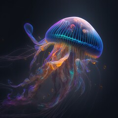 Glowing sea jellyfishes on dark background, neural network generated art