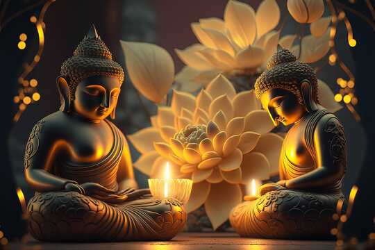 The nature of buddhas and bodhisattvas, sitting on beautiful spectral light golden lotus. Generative AI