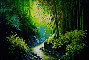 illustration of thick bamboo forest green lush landscape with water way pass the forest, Generative Ai