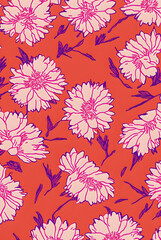 Risograph flowers pattern, trendy retro 80s and 90s style illustration
