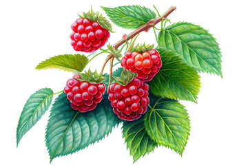 Ripe juicy raspberries on a branch with green leaves, watercolor drawing on a white background. Generative AI.