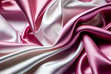 Fototapeta premium Elegant Flow of Pink & White: The Artistic Silk Satin Fabric with its Dented and Smoothed Traces of Stripes and Texture Background