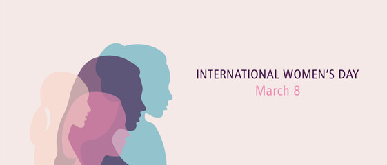 International Women's Day banner. Silhouettes of women of different nationalities standing together.Vector illustration.