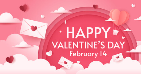 Valentine's Day Banner. Happy Valentine's Day greeting card design. Holiday banner with hot air heart balloon. Paper art and digital craft style illustration. Valentines Envelope with Paper Hearts.