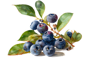 Ripe juicy bog whortleberry on a branch with green leaves, watercolor drawing. Generative AI.