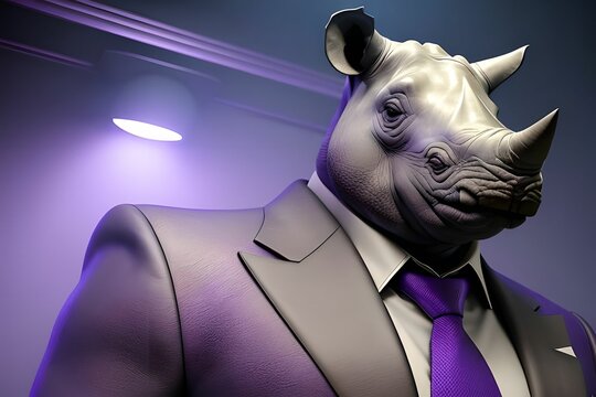 Portrait of a rhino in a business suit, made with generative ai