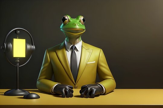 Portrait of a frog radio host in a yellow business suit, made with generative ai