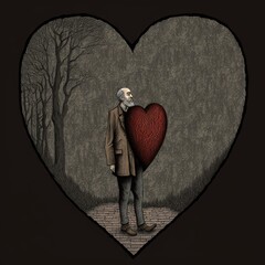 Graphic Novel Style Image of Gothic Man with Giant Heart. [Isolated T-Shirt, Graphic Tee, or Icon Image.]