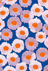 Fototapeta na wymiar Risograph flowers pattern, trendy retro 80s and 90s style illustration