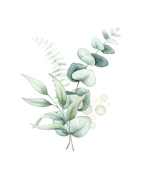 Obraz na płótnie Canvas Watercolor floral bouquet with green eucalyptus leaves.