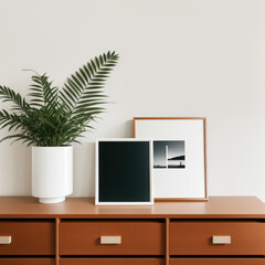Picture frames on wooden chest of drawers, potted plant, modern interior. Generative Ai