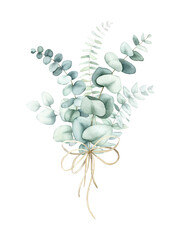 Watercolor floral bouquet with green eucalyptus leaves. © Lora