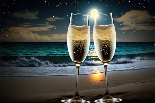  two glasses of champagne on a beach with a star in the sky and a full moon in the sky in the background, with the ocean and stars in the sky.  generative ai