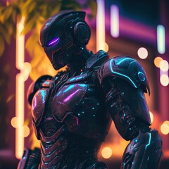 A man in a protective suit on the background of a neon city. Generative AI