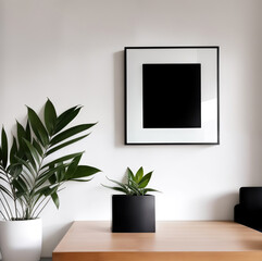 Wooden table with potted plant, square poster on the wall. Modern interior. Generative Ai