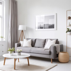 Cozy white scandinavian interior with gray sofa and coffee table. Generative Ai