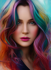 Artistic portrait of a beautiful woman with very colorful hair