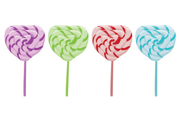 Spiral heart shaped candies. Lollipops. Vector illustration isolated on white background.