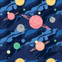 Fantasy Universe multicolored seamless pattern background with planets and stars