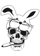 Skull wearing bunny ears and smoking a cigar. Vector. - 566773333