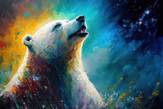 illustration of smiley face of animal with color splash oil painting style, cute polar bear, Generative Ai