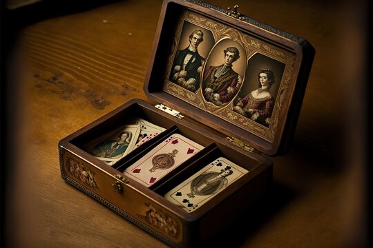  a wooden box with playing cards inside of it on a wooden table with a picture of a woman and two men on the inside of the box.  generative ai