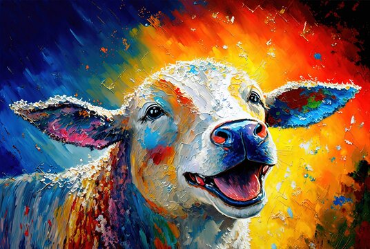 Illustration Of Smiley Face Of Animal With Color Splash Oil Painting Style, Cute Smile Cow
