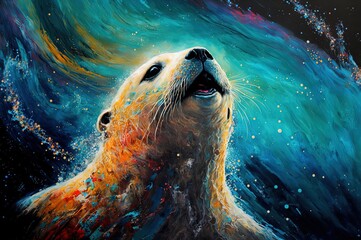 Fototapeta premium illustration of smiley face of animal with color splash oil painting style, cute seal, Generative Ai 