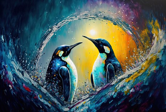 paint like illustration of smiley animals with color splash oil painting style, penguin , generative Ai