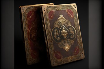Fototapeta premium two gold playing cards with red and gold designs on the sides of each playing card, both of which has a gold leaf design on the front and back of each playing card. generative ai