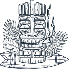 Design of trendy hawaii wooden tiki mask for surfing bar. Traditional ethnic idol and hawaiian surf, maori or polynesian. Old tribal totem with joint